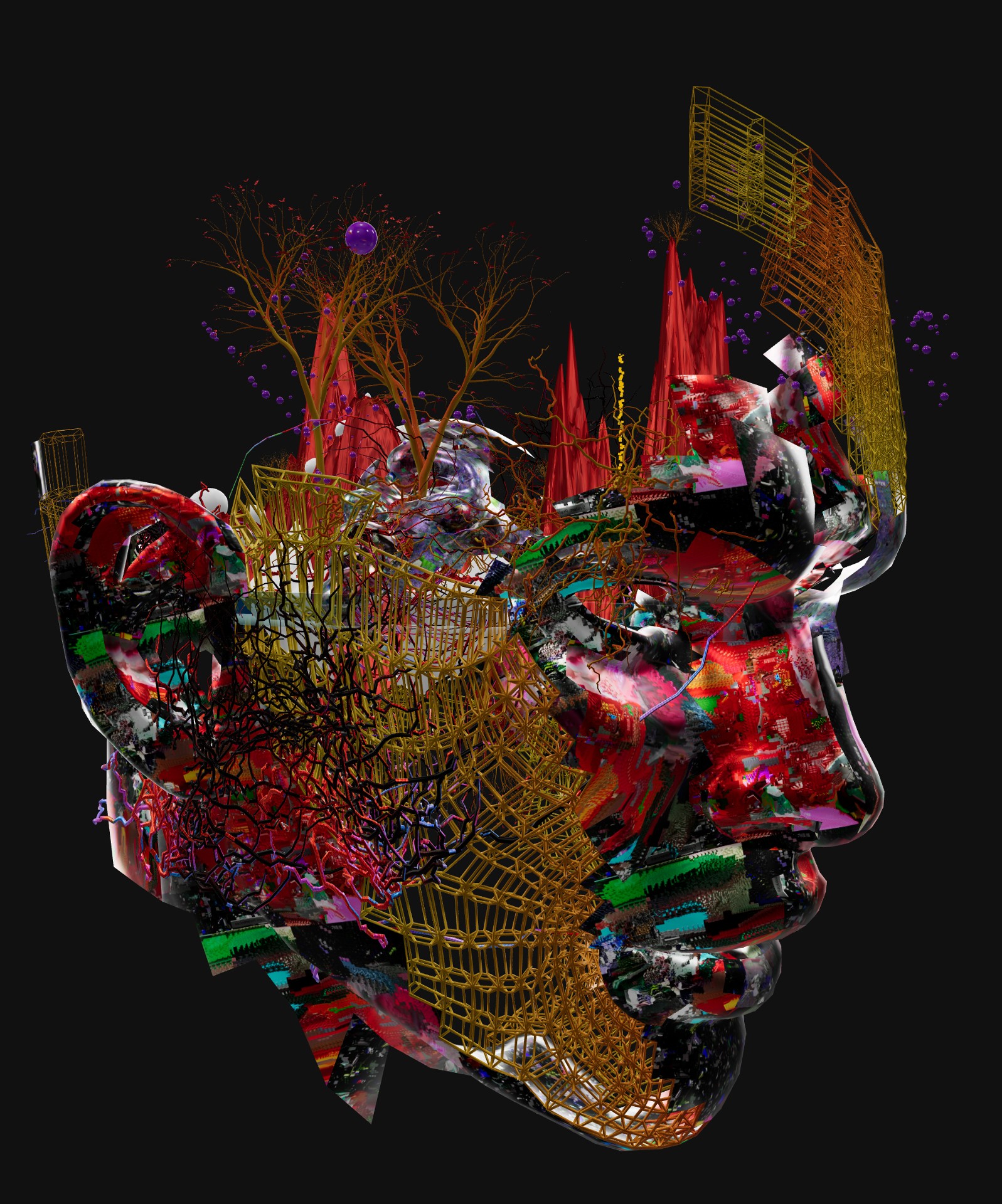 A collection of wire-like orange shapes clustered in networks and flat surfaces in mostly red colour filling the space in between, creating an illusion of a woman's face floating on the black background. The collection of shapes is reminiscent of a depiction of an island, a planet, a futuristic landscape and a portrait.