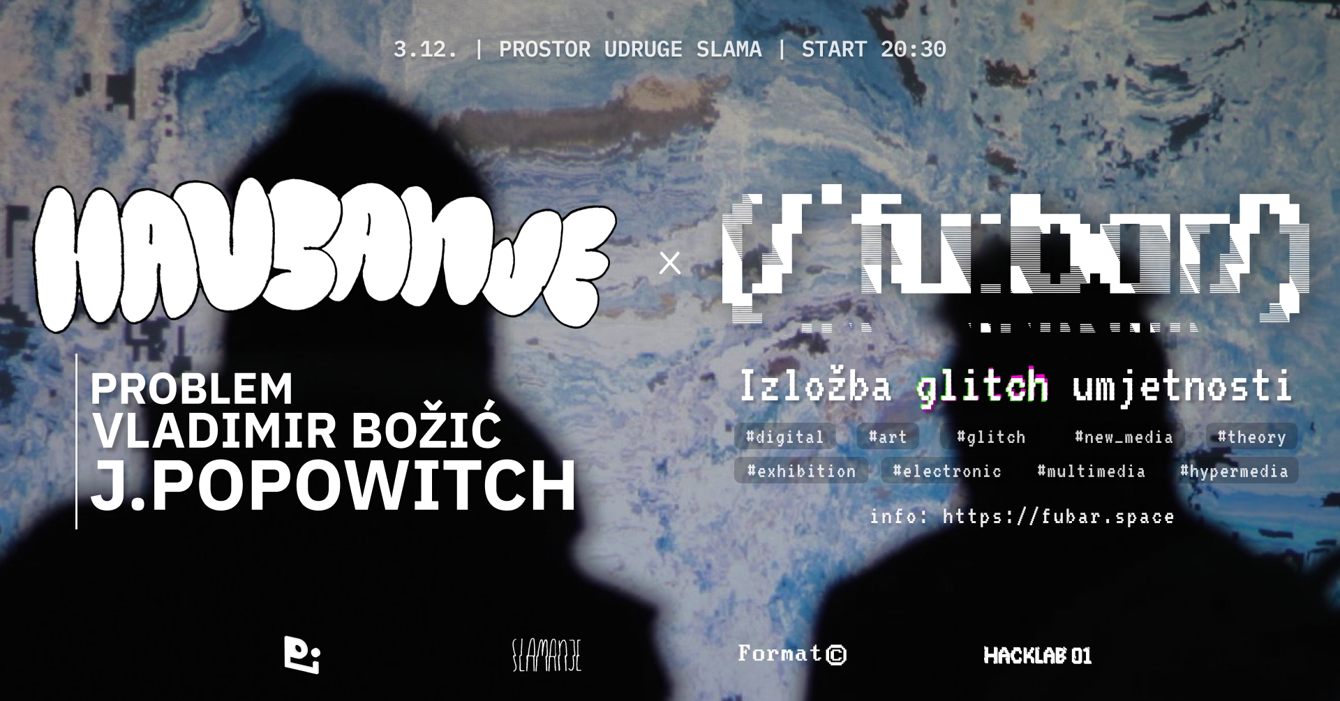 A background reminiscent of sea foam or clouds in texture, of blue, white and beige hues. There are two hazy dark silhouettes outlined over the background, in bust proportion from head to shoulders. Over the entire image is text in white letters of various fonts informing the titles of festival events.