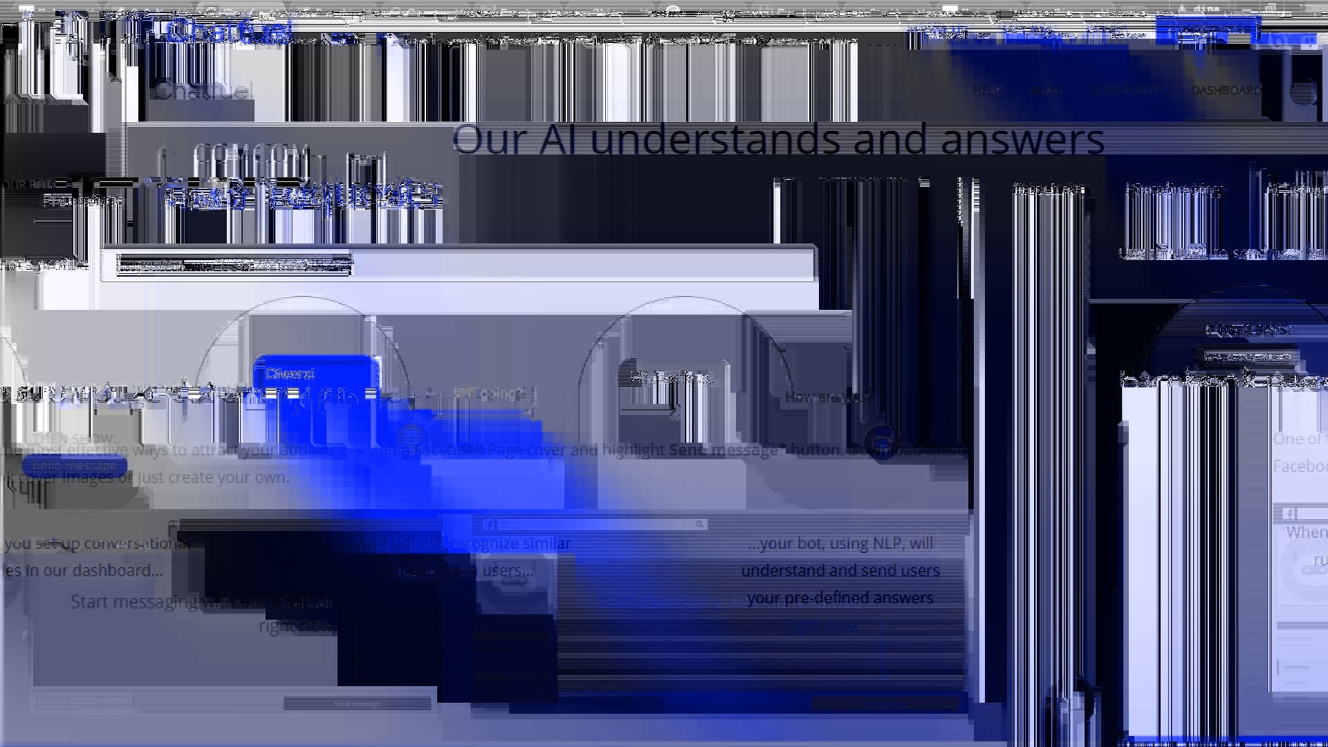 An image full of white and black stripes of random thickness and direction in horisontal and vertical direction. Some of the lines have a blue overglow. Near the top right corner of the images is a text "Our AI understands and answers" written in letters that halfway melt into the background of stripes.